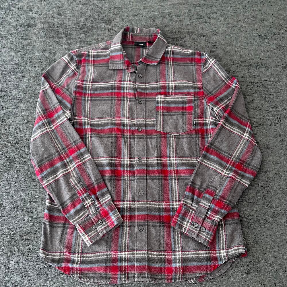 Vans Off The Wall Mens Medium Plaid Flannel Shirt Grey Red Long Sleeve Button Up